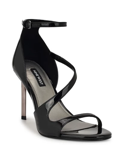 Женские блестящие асимметричные босоножки на высокой шпильке Nine West черного цвета