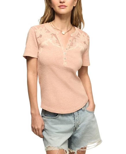Женский топ Lucky Brand Henley с ажурной отделкой, розовый