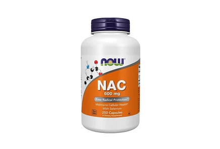 NOW Foods Nac-ацетилцистеин, 600 мг, 250 капсул, белый фон с зелеными вставками
