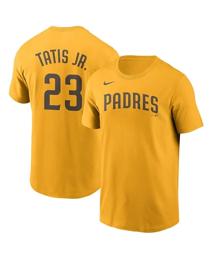 Мужская футболка Nike Fernando Tatis Jr. Gold с именем и номером San Diego Padres золотая