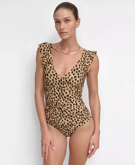  Женский цельный купальник с оборками  DKNY snow leopard