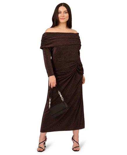 Коктейльное платье Adrianna Plus Size с открытыми плечами коричневого цвета