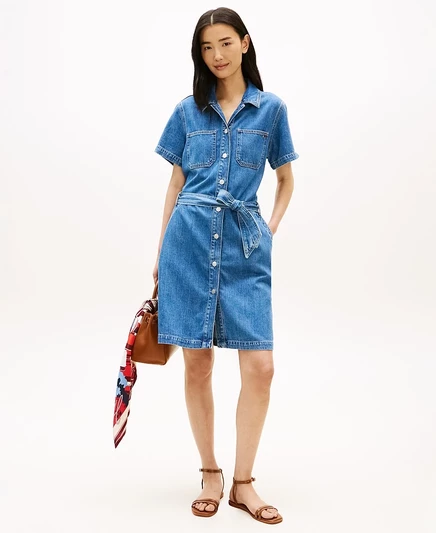 Женское платье Tommy Hilfiger из денима с поясом, синее