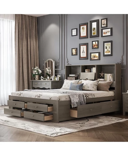 Двуспальная кровать на платформе Streamdale Furniture с изголовьем для хранения вещей и 8 выдвижными ящиками серого цвета