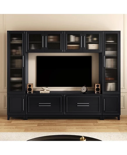 Современный развлекательный центр Streamdale Furniture со стеклянными дверями и выдвижными ящиками черного цвета