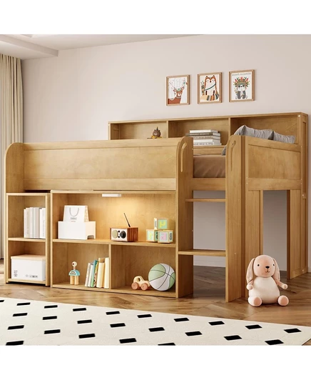 Деревянная полноразмерная кровать-чердак Streamdale Furniture с несколькими полками для хранения вещей, письменным столом и светодиодной подсветкой коричневого цвета