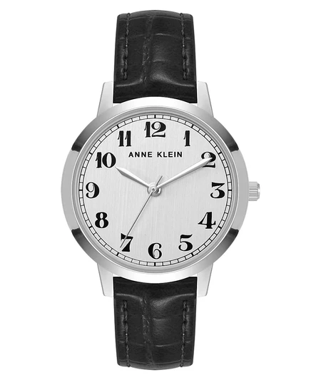 Женские повседневные кварцевые часы Anne Klein из черной полиуретановой кожи и серебристого металлического сплава Boyfriend Watch, 34 мм