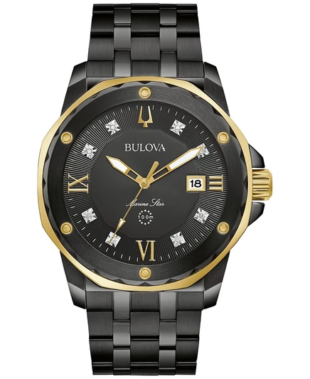 Мужские часы Bulova Marine Star 44 мм с бриллиантовыми акцентами, черные