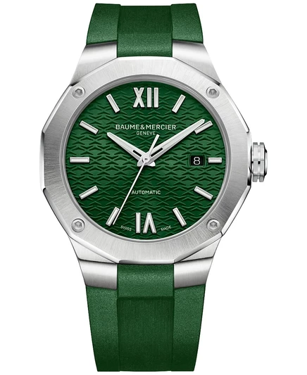 Мужские швейцарские автоматические часы Baume & Mercier Riviera с зеленым каучуковым ремешком 42 мм без цвета