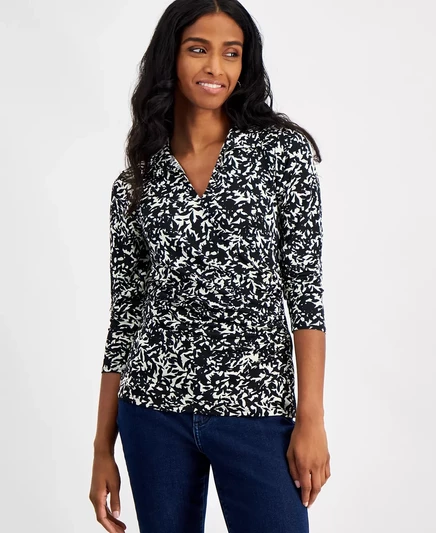 Изящный топ с отложным воротником и принтом Macy's Petite acrylic combo c
