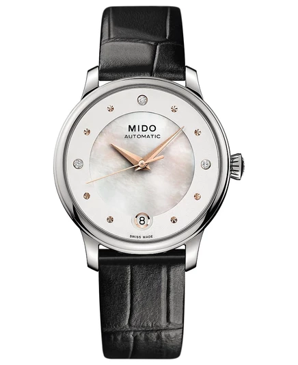 Женские швейцарские автоматические часы Mido Baroncelli II на черном ремешке из синтетической кожи с бриллиантовым акцентом, 27,9 мм, черный