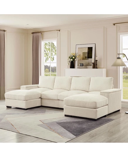 Секционный вельветовый диван Streamdale Furniture с пуфиками коричнево-бежевого цвета