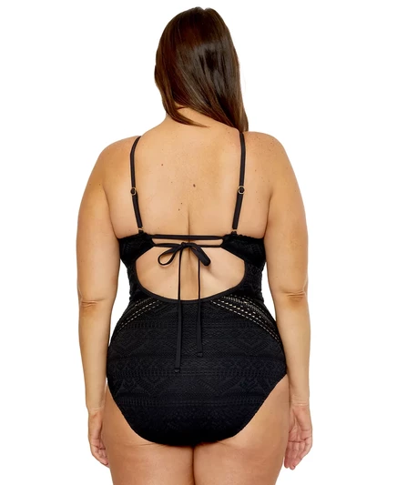 Вязаный крючком цельный купальник с высоким вырезом и игрой цветов Becca ETC Plus Size black