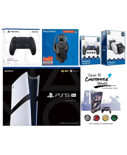 Комплект Sony Playstation 5 Pro с дополнительным контроллером Galactic Purple, гарнитурой Plantronics, комплектом FPS Grip, док-станцией для двойной зарядки и ваучером на наклейку MightySkins. midnight black