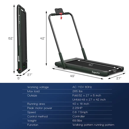 Беговая дорожка под стол Costway 2-в-1 2,25 л.с., зеленая