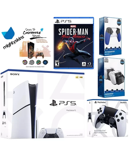  Комплект Playstation 5 Slim Disc с Человеком-пауком: Майлз Моралес, контроллер Extra EDGE, набор для остановки запуска, док-станция для двойной зарядки и ваучер на наклейку MightySkins white