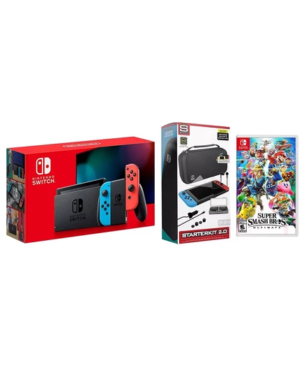  Консоль Switch объемом 32 ГБ, неоново-красная /синяя, в комплекте с Joy-Con, стартовым пакетом аксессуаров Surge 11 в 1 и Super Smash Bros. Конечный black