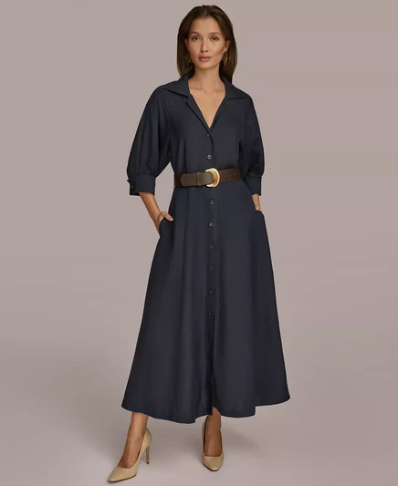 Женское платье-рубашка миди с поясом и рукавами до локтя от Donna Karan nightfall
