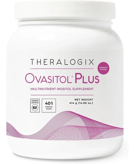 Метаболическая добавка Theralogix Ovasitol Plus в упаковке - Мио- и D-Хироинозитол + пиколинат хрома + Альфа-лактальбумин и витамин D без цвета.