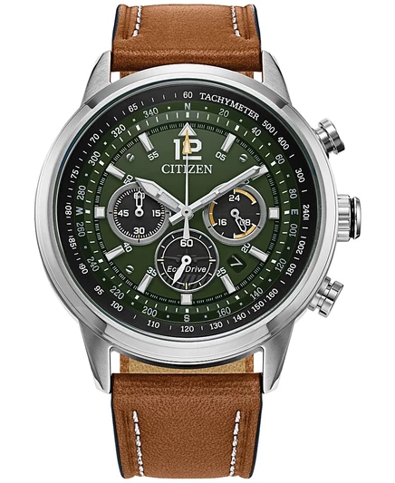 Мужские часы Citizen Eco-Drive Avion хронограф 44 мм, с коричневым ремешком