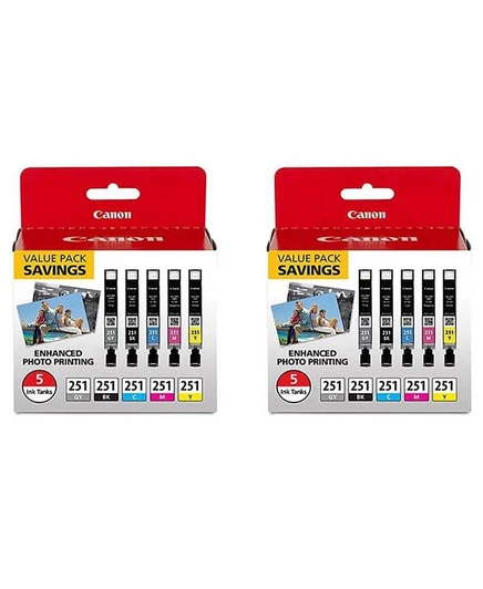 Набор из 5 цветных чернил Canon CLI-251 для принтеров серии PIXMA MG5620, MG6620, MG7520, черный, 2 упаковки