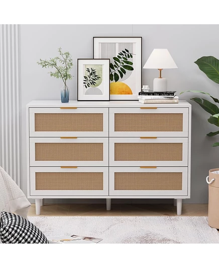 Streamdale Furniture 43.31"Шкаф для хранения вещей из ротанга с 6 выдвижными ящиками, Выдвижной ротанговый ящик, для спальни, гостиной,Белый