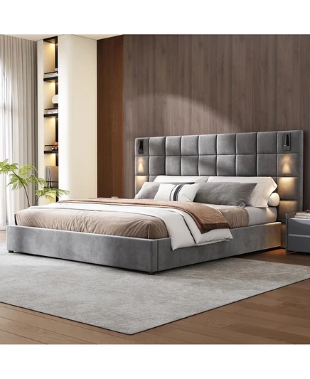 Мебель Streamdale Каркас кровати Streamdale King Size, обитый бархатом, с настенным бра и USB-разъемом, Серый серый