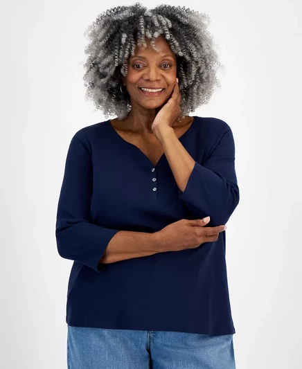  Хлопковый топ Henley большого размера с рукавами 3/4, созданный для Macy's  intrepid blue