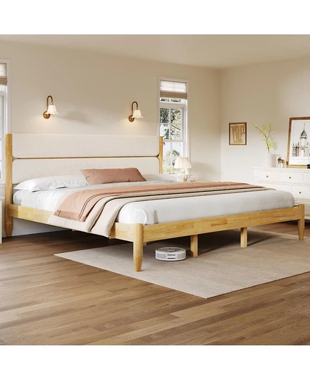 Каркас кровати из массива дерева Streamdale Furniture King Size с изголовьем, обитым флисом, слоновая кость/кремовый