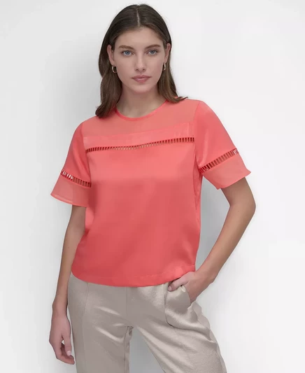  Женский топ с круглым вырезом и короткими рукавами DKNY с кружевной вставкой watermelon sugar