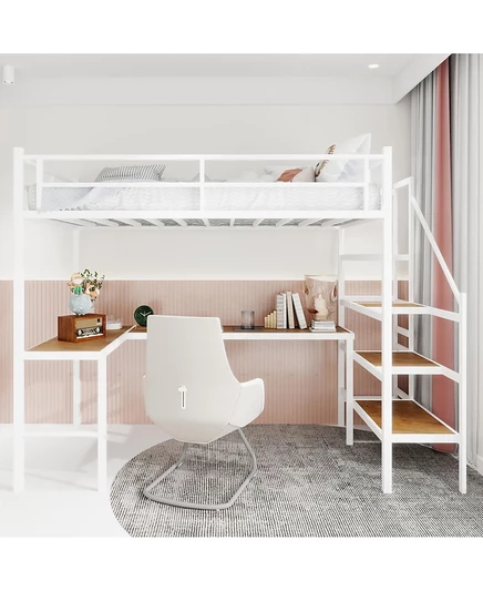 Кровать-чердак Streamdale Furniture с L-образным письменным столом, местом для хранения вещей, лестницей и перилами белого цвета