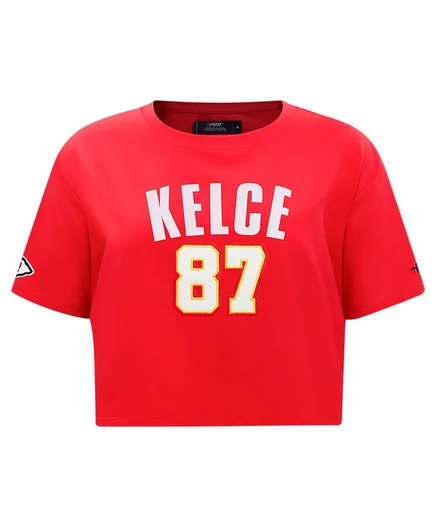 Укороченная футболка свободного покроя Pro Standard Women's Travis Kelce Red Kansas City Chiefs с именем и номером игрока red