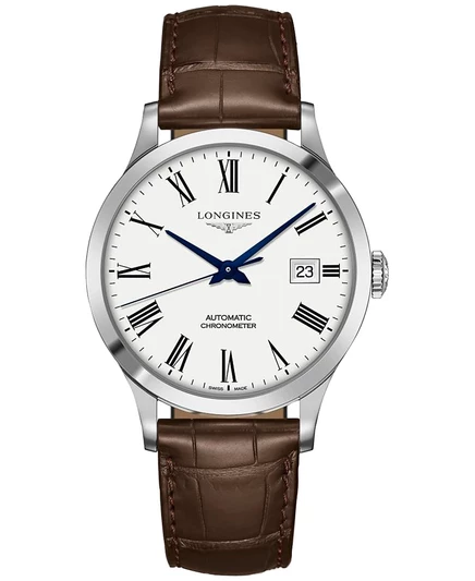 Мужские швейцарские часы Longines с автоподзаводом и хронометром на коричневом кожаном ремешке 40 мм silver