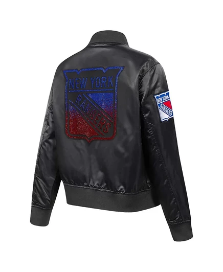 Женская черная куртка Pro Standard New York Rangers со стразами и драгоценными камнями из атласа на полной застежке black