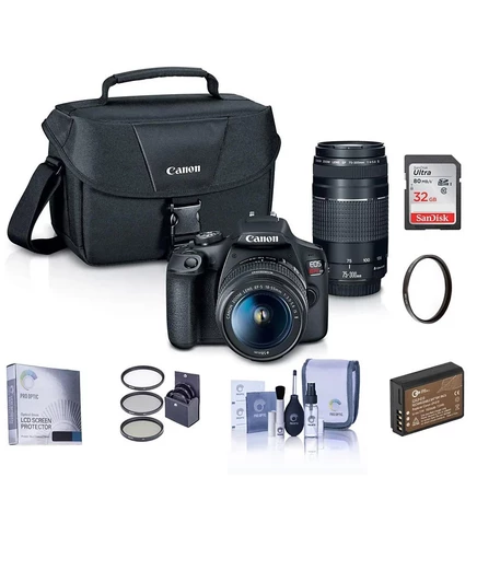Цифровая зеркальная фотокамера Canon EOS Rebel T7 с объективами EF-S 18-55 мм и EF 75-300 мм в комплекте с сумкой, аккумулятором, комплектом фильтров, SD-картой на 32 ГБ, защитной пленкой для экрана, черный