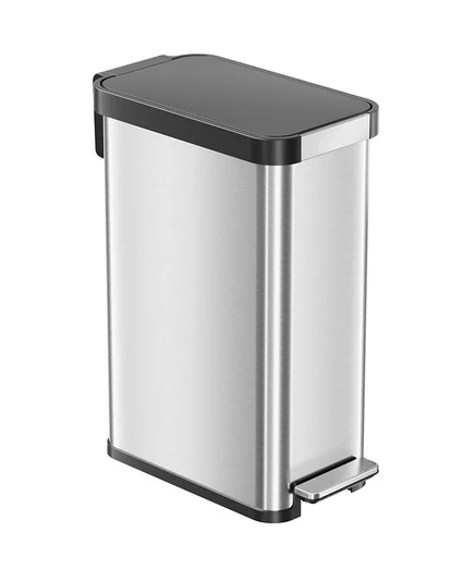 Педальный мусорный бак iTouchless SoftStep объемом 13,2 галлона Slim Step с фильтром запаха, удлиненный контейнер для вторичной переработки из нержавеющей стали, 50-литровая корзина для мусора