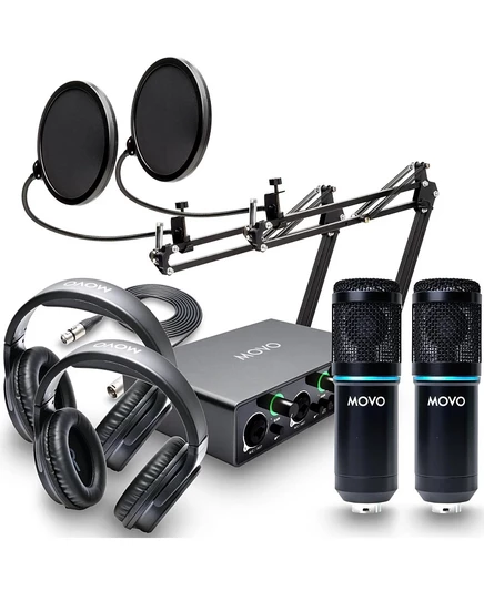 Комплект оборудования для подкастов Movo PodKit2AH на 2 конденсаторных микрофона с аудиоинтерфейсом USB для компьютеров без цвета