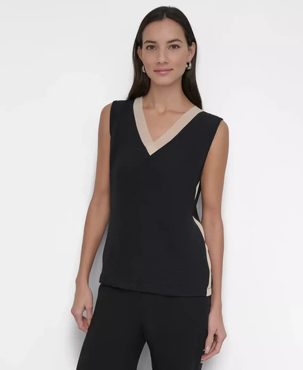  Женский топ без рукавов DKNY с контрастной отделкой и V-образным вырезом black/chino khaki