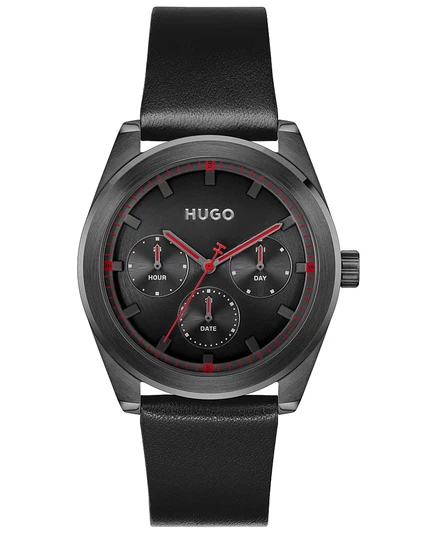 Мужские яркие спортивные кварцевые многофункциональные часы Hugo Boss из телячьей кожи черного цвета, 42 мм