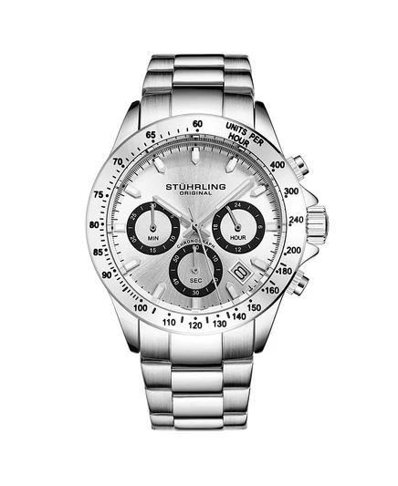 Мужские часы с хронографом Stuhrling 3960 Ultima, 42 мм, Серебристый циферблат, безель с тахиметром, Кварцевый механизм, Браслет из нержавеющей стали, серебристый