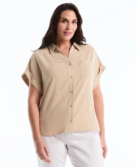 Рубашка Rafaella Plus Size Roll с коротким рукавом коричнево-бежевого цвета