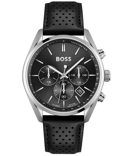 Мужские часы HUGO BOSS с хронографом Champion на черном кожаном ремешке 44 мм черного цвета