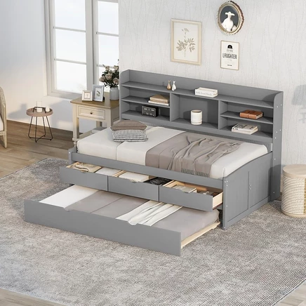 Двухразмерные Деревянные встроенные книжные полки Streamdale Furniture, Три Выдвижных Ящика для хранения вещей и раскладная кровать Captain серого цвета