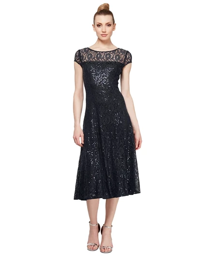 Миниатюрное кружевное платье с короткими рукавами и блестками SL Fashions, черное