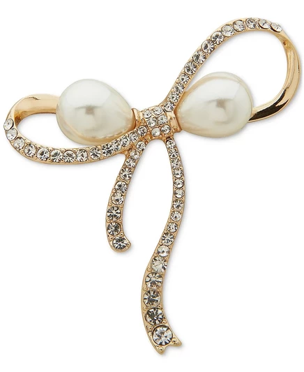 Булавка-бантик из ленты Anne Klein с имитацией жемчуга и хрусталя золотистого цвета слоновая кость/кремовый