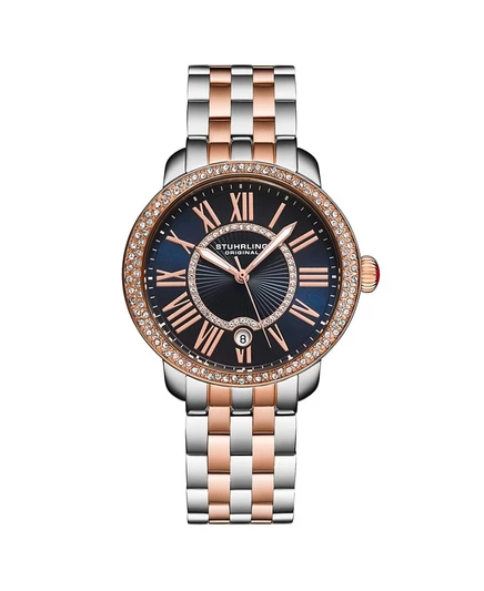 Женские кварцевые часы Stuhrling Celestia 4080 диаметром 38 мм с безелем из кристаллов Swarovski, циферблатом с римскими цифрами Sunray и браслетом из нержавеющей стали