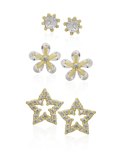 Macy's, 3 шт. Круглые серьги-гвоздики с фианитами (0,59 карата) в виде цветка и звезды желтого цвета.