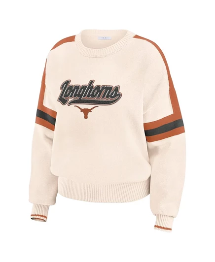 ОДЕЖДА от Erin Andrews, женский кремовый пуловер в полоску с нашивками из синели Texas Longhorns, вязаный в синельную полоску cream, burnt orange