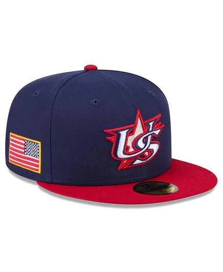 Мужская бейсболка New Era темно-синего / красного цвета USA Baseball 2026 World Baseball Classic 59-футовая приталенная шляпа синего цвета