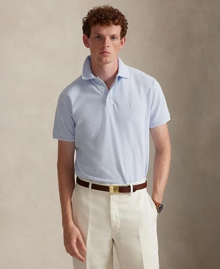 Мужская рубашка поло Polo Ralph Lauren классического кроя из эластичной оксфордской сетки синего цвета
